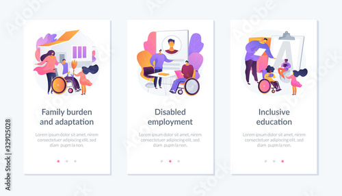 Handicapped people support and rehabilitation flat icons set. Social adaptation of disabled people, disabled employment, inclusive education metaphors. Mobile app UI interface wireframe template.