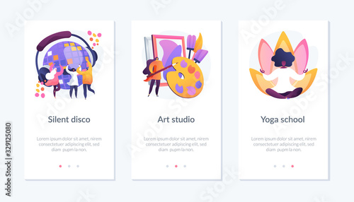 Modern recreation flat icons set. Active leisure, nightclub party, healthy lifestyle. Silent disco, art studio, yoga school metaphors.Mobile app UI interface wireframe template.