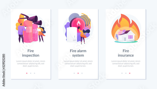 Firefighter equipment, notification technology control. Real estate damage compensation. Fire inspection, fire alarm system, fire insurance metaphors. Mobile app UI interface wireframe template.