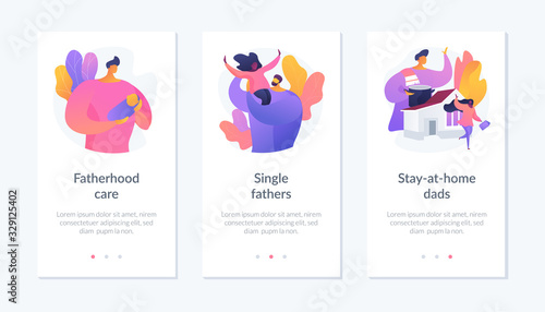 Men taking paternity leave metaphors. Caring single father, stay-at-home dad, parenting. Daddy spending time with kid. Fatherhood and childcare vector icon set for website app UI.