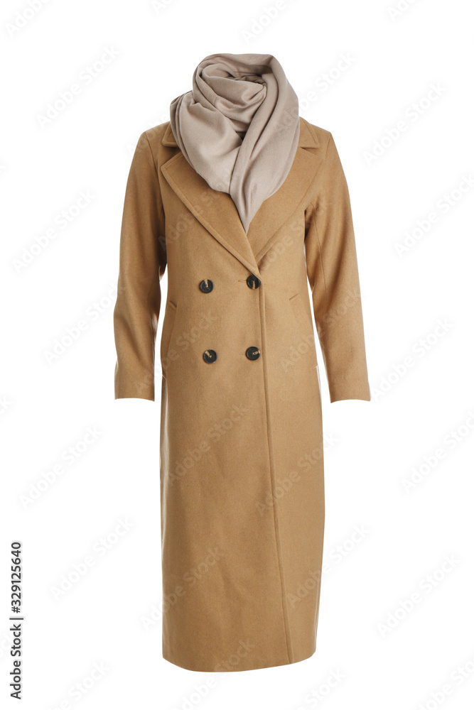 Elegant brown coat and scarf on mannequin against white background. Women's clothes Elegant brown coat and scarf on mannequin against white background. Women's clothes