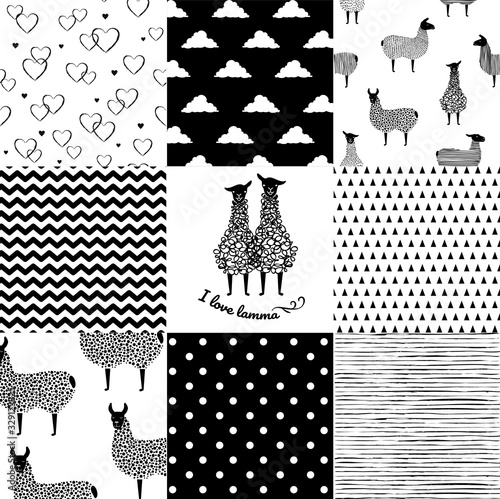 Seamless background pattern imitation of a patchwork pattern . Includes: cute alpaca, flowers, stripes, heart, polka dots.