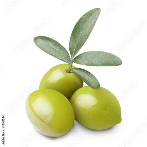 Close-up of three ripe olives with leaves, isolated on white background