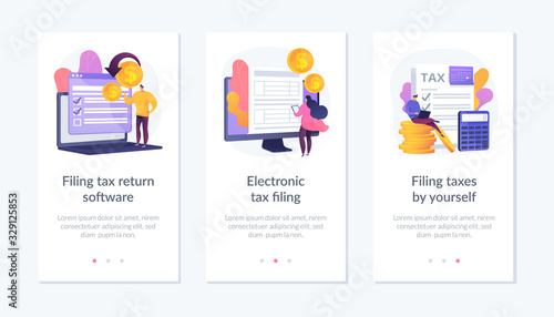 Income reporting, revenue declaration, financial statement. Filing tax return software, electronic tax filing, filing taxes by yourself metaphors. Mobile app UI interface wireframe template.