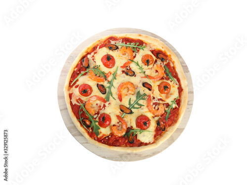 Delicious seafood pizza isolated on white, top view