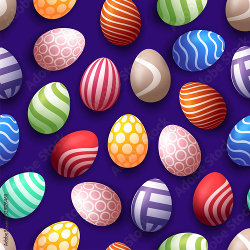 Seamless Happy Easter pattern with realistic eggs with different ornament, holiday background, vector illustration. Fabric and paper, wallpaper print, packaging design template.