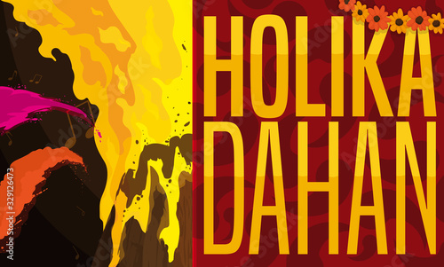 Burning Pyre, Flowers Wreath and Colorful Powder for Holika Dahan, Vector Illustration