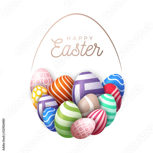 Happy easter card with eggs. Many beautiful multi-colored realistic eggs are laid out in the shape of a large egg. Vector illustration for easter on purpe background.