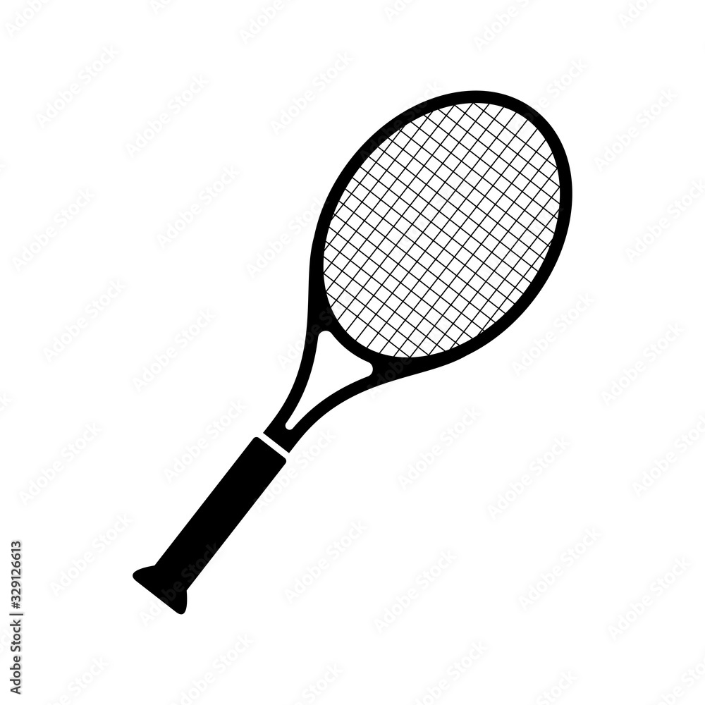 Vector black tennis racquet icon. Game equipment. Professional sport, classic racket for official competitions and tournaments. Isolated illustration.