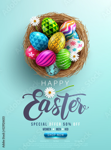 Easter poster and banner template with Easter eggs in the nest on light green background.Greetings and presents for Easter Day in flat lay styling.Promotion and shopping template for Easter