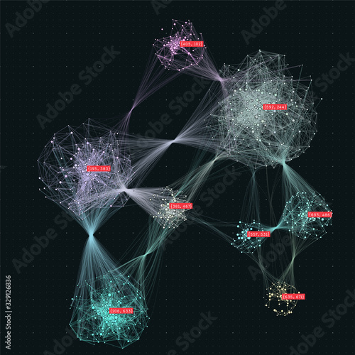 Big data visualization. Cluster computing network. Social media connections. Web of connected nodes. Abstract graph.