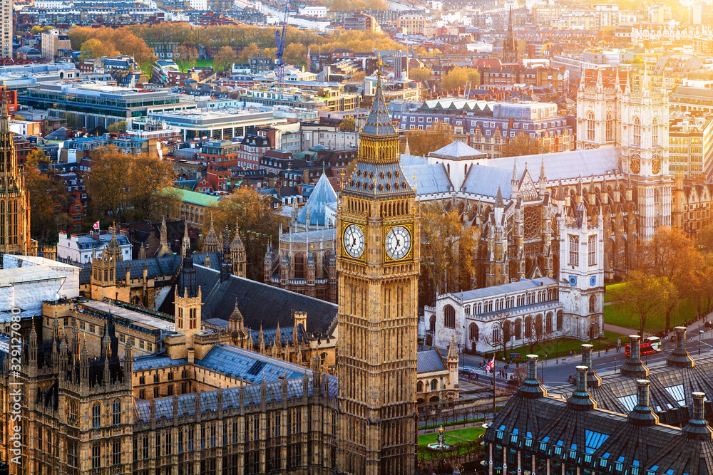 Beautiful panoramic scenic view on London's southern part from window of London Eye tourist attraction wheel cabin: cityscape, Westminster Abbey, Big Ben, Houses of Parliament and Thames river - obrazy, fototapety, plakaty 