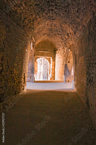 Panoramic view of the interior of the Roman amphitheater of Arles in France.