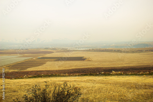 a beautiful landscape with the yellow grasses and mountains