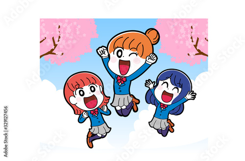 イラスト素材：入学　卒業　春　女子　学生　３人組　かわいい