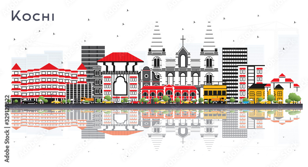 Kochi India City Skyline with Color Buildings and Reflections Isolated on White.