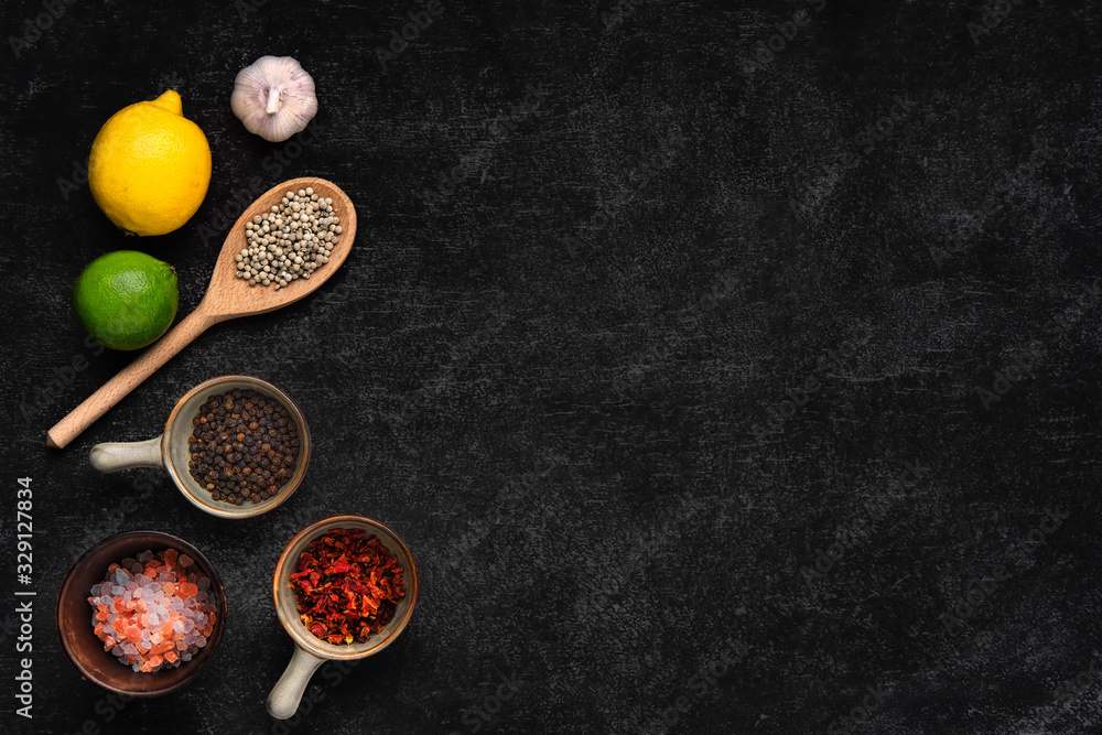 Assortment of basic spice on black stone background Assortment of basic spice on black stone background