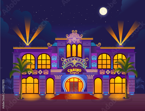 Casino building, Casino at night, neon signs, gaming house. Vector illustration