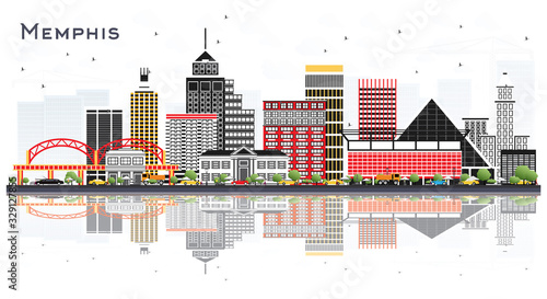 Memphis Tennessee City Skyline with Color Buildings and Reflections Isolated on White.