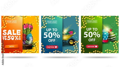 Easter sale, up to 50% off, collection square discount banners in material design with Easter icons, buttons and frame of garland. Easter discount banner isolated on white background