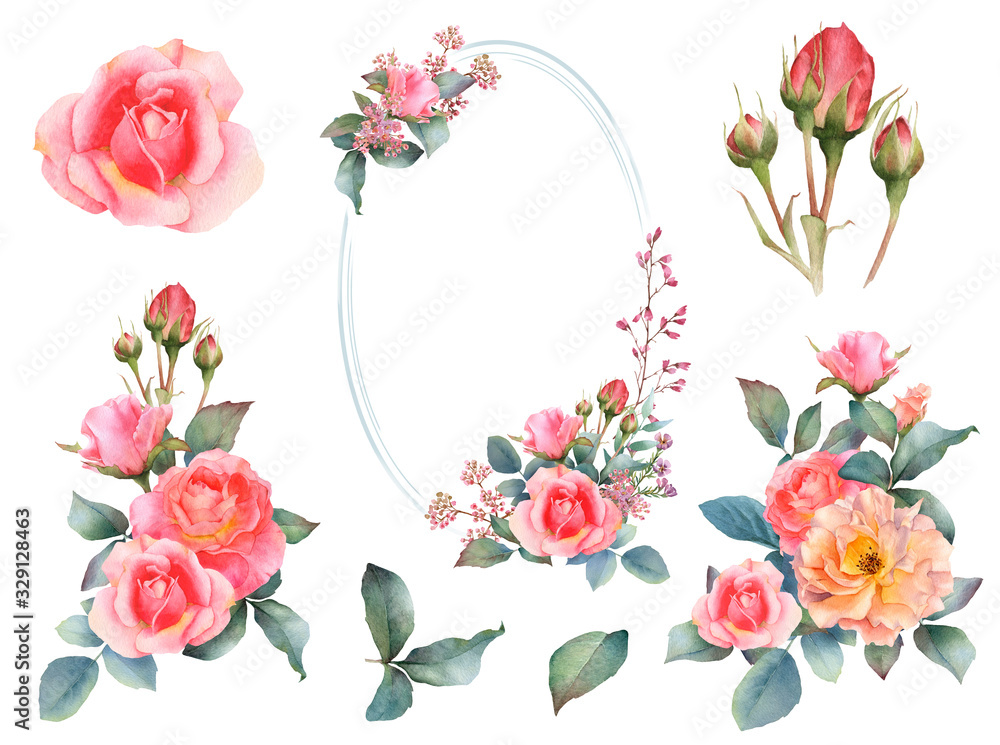 Set of picturesque pink and tea roses arrangements with herbs, leaves, flowers, buds and floral frame hand drawn in watercolor isolated on a white background. For invitations, cards, prints, patterns Set of picturesque pink and tea roses arrangements with herbs, leaves, flowers, buds and floral frame hand drawn in watercolor isolated on a white background. For invitations, cards, prints, patterns