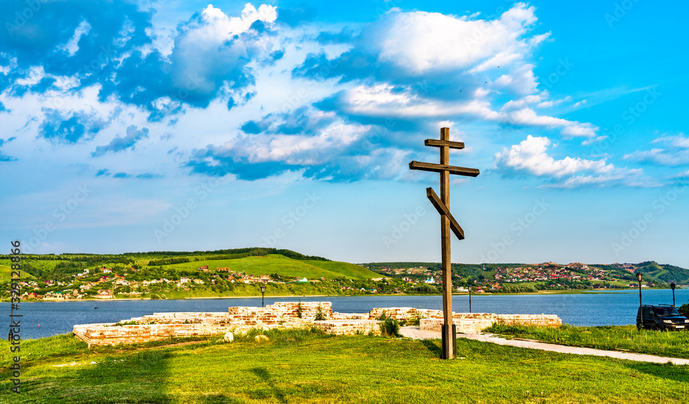 Wooden orthodox cross overlooking the Volga River in Sviyazhsk - Tatarstan, Russia