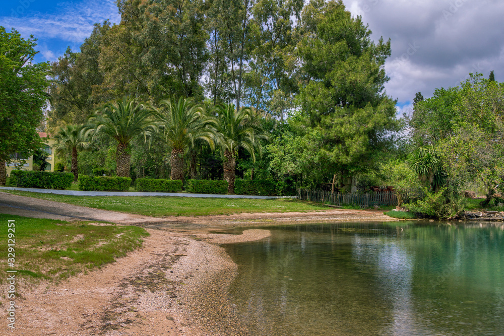 Beautiful tranquil landscape – sea bay with calm water, coastline – green lawns and palm trees. Corfu Island, Greece.