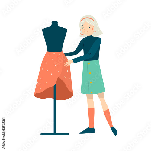 Woman standing and trying sewed skirt on mannequin vector illustration