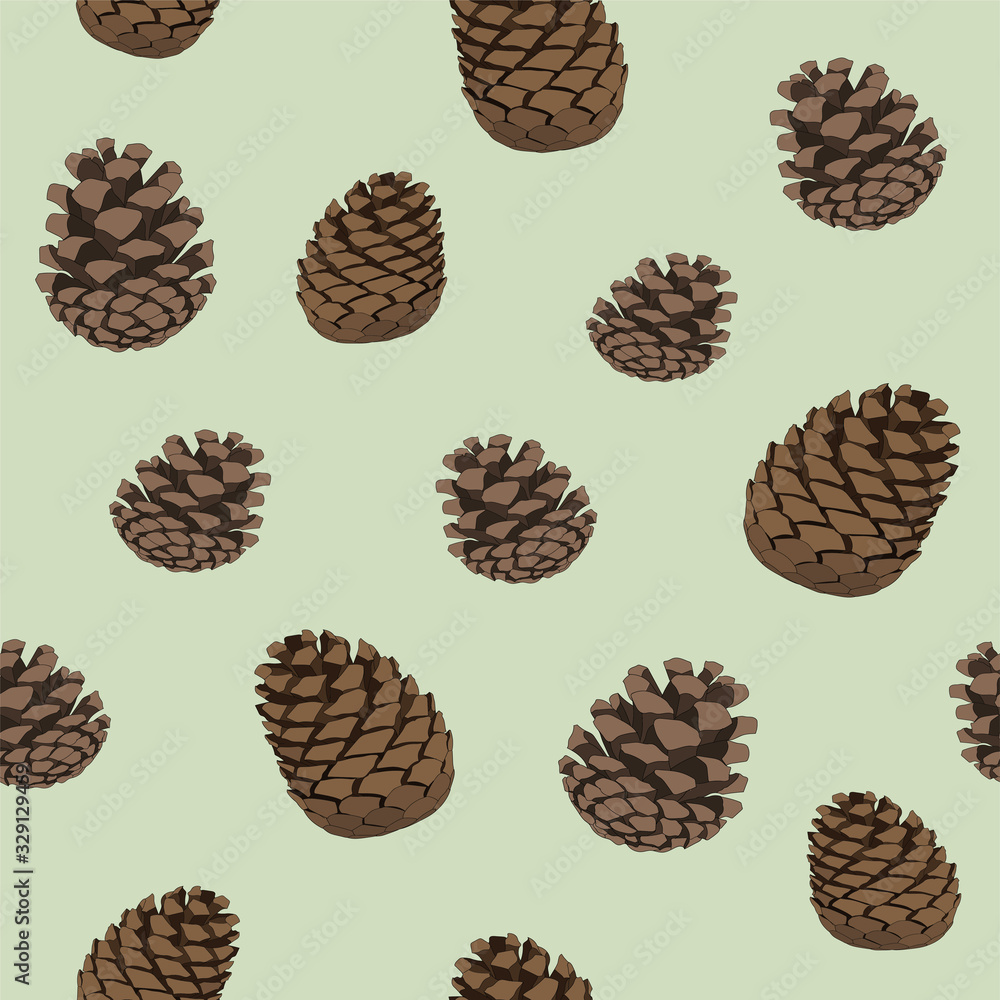 Seamless repeating pattern of pinecones on green background Seamless repeating pattern of pinecones on green background