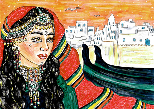 Moroccan woman berber style portrait in sunset with the cityscape on the background, hand made painting