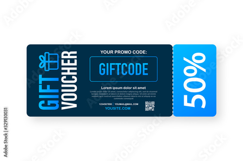 Template red and blue gift card. Vector Gift Voucher with Coupon Code. Discount voucher. Vector stock illustration.