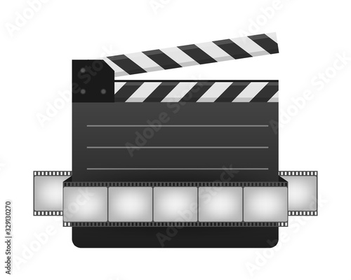 Black closed clapperboard and film strip. Black cinema slate board, device used in filmmaking and video production. Realistic vector stock illustration.