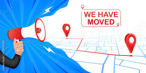We have moved. Moving office sign. Clipart image isolated on red background. Vector stock illustration.