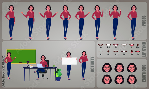 Woman Teacher or Professor character Set. Collection of character body Poses, facial gestures, teaching activities and Lip syncs poses. Ready-to-use and animate, character set. Vector illustration.