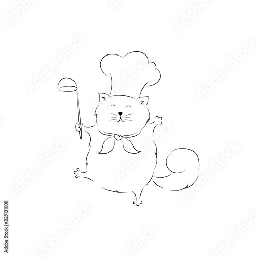 Vector illustration of cute chef cat, black linear silhouette