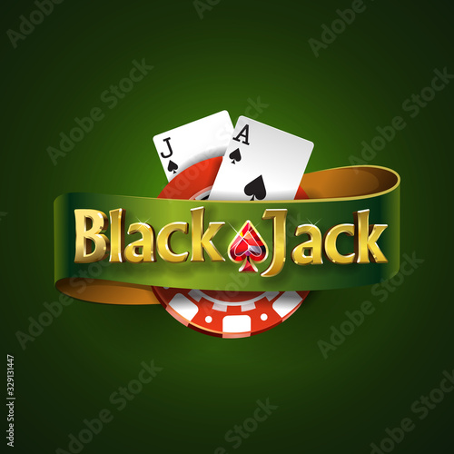Blackjack logo with green ribbon and on a green background, isolated. Card game. Casino game