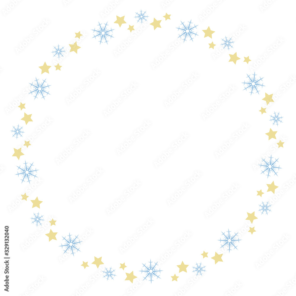 Round frame with light blue snowflakes and yellow stars on white background. Vector image. Round frame with light blue snowflakes and yellow stars on white background. Vector image.