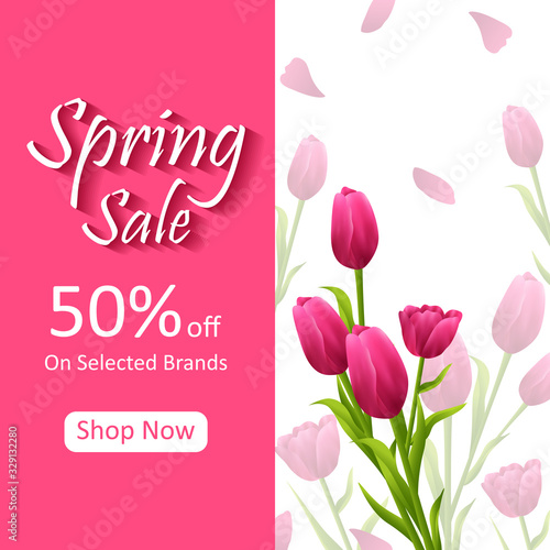 Beautiful fresh flower on floral spring sale background for advertisement and promotion banner in vector