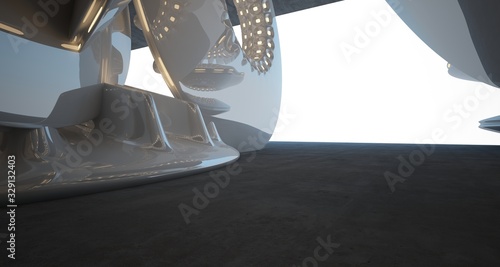 Architectural background. Abstract concrete interior with smooth glossy white discs. Neon lighting. 3D illustration and rendering.
