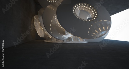 Architectural background. Abstract concrete interior with smooth glossy white discs. Neon lighting. 3D illustration and rendering.