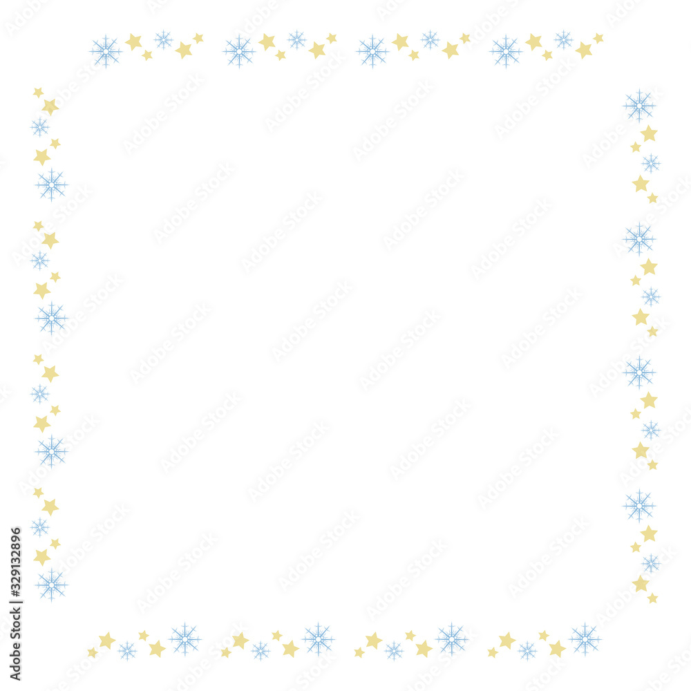 Square frame with light blue snowflakes and yellow stars on white background. Vector image.