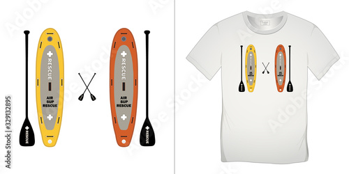 Print on t-shirt graphics design, Paddle board and surfboard, air sup rescue, , isolated on white background vector