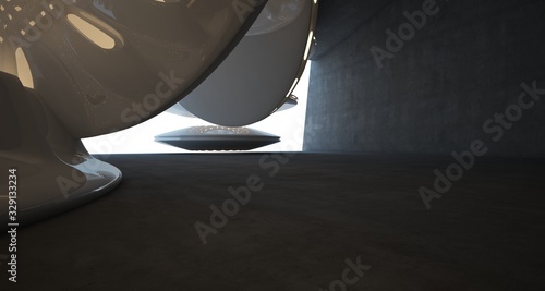 Architectural background. Abstract concrete interior with smooth glossy white discs. Neon lighting. 3D illustration and rendering.