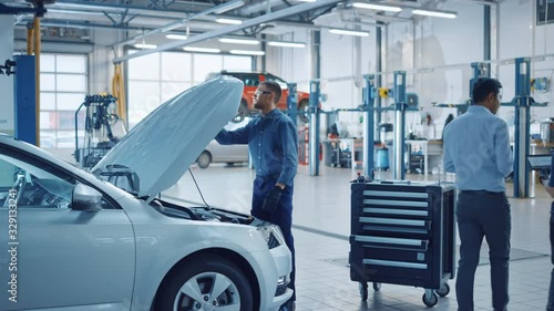 Wallpaper Mural Professional Mechanic is Working on a Car in a Car Service. Repairman in Safety Glasses is Working on an Usual Car Maintenance. He Hangs a Lamp and Works with a Ratchet. Modern Clean Workshop. Torontodigital.ca