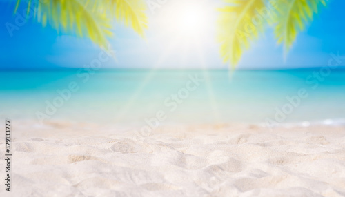 Summer vacation white sand beach with space for text coconut leaves rear frame sea view energetic floor