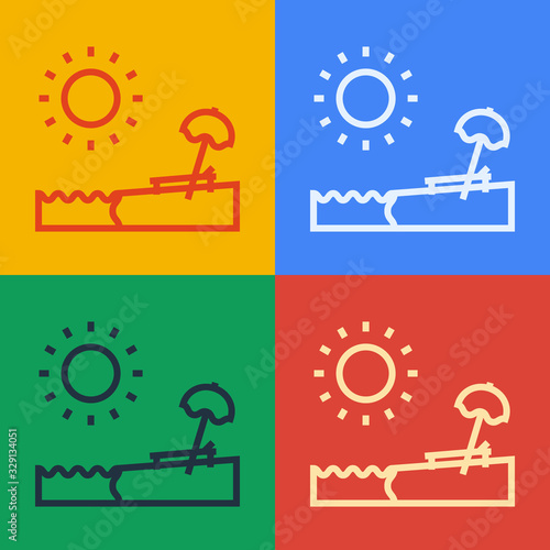 Pop art line Beach with umbrella and chair icon isolated on color background. Tropical beach landscape. Good sunny day. Vector Illustration