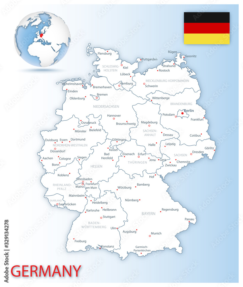 Detailed map of Germany administrative divisions with country flag and location on the globe. Vector illustration