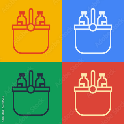 Pop art line Cooler bag and water icon isolated on color background. Portable freezer bag. Handheld refrigerator. Vector Illustration