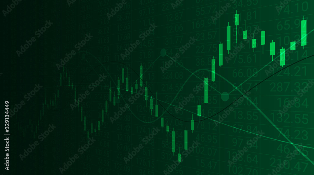 Abstract financial graph and up trend line candlestick chart with stock market numbers on green color background