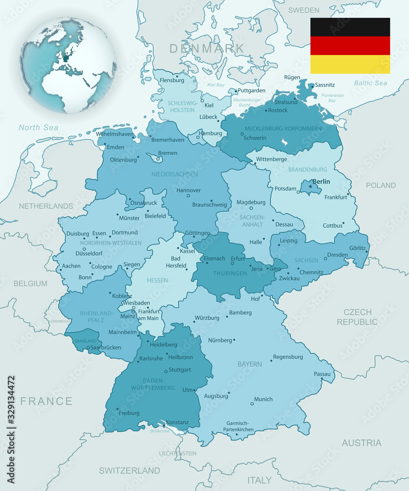 Blue-green detailed map of Germany and administrative divisions with country flag and location on the globe. Vector illustration